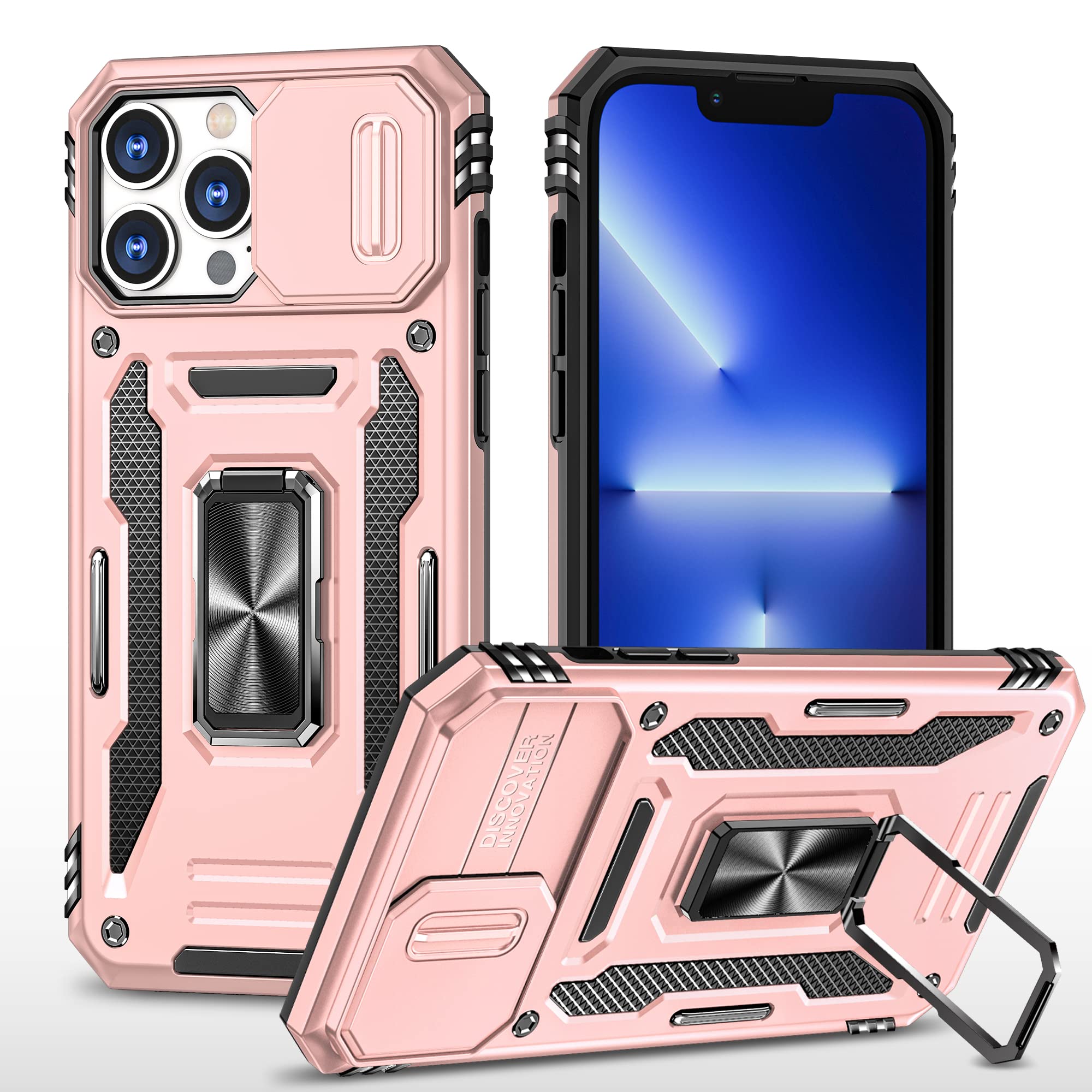 CHLINGNAN for iPhone 13 Pro Max Case with All-Angle Rotating Kickstand & Sliding Camera Cover - Heavy Duty Shockproof Protective Cover, Rose Gold