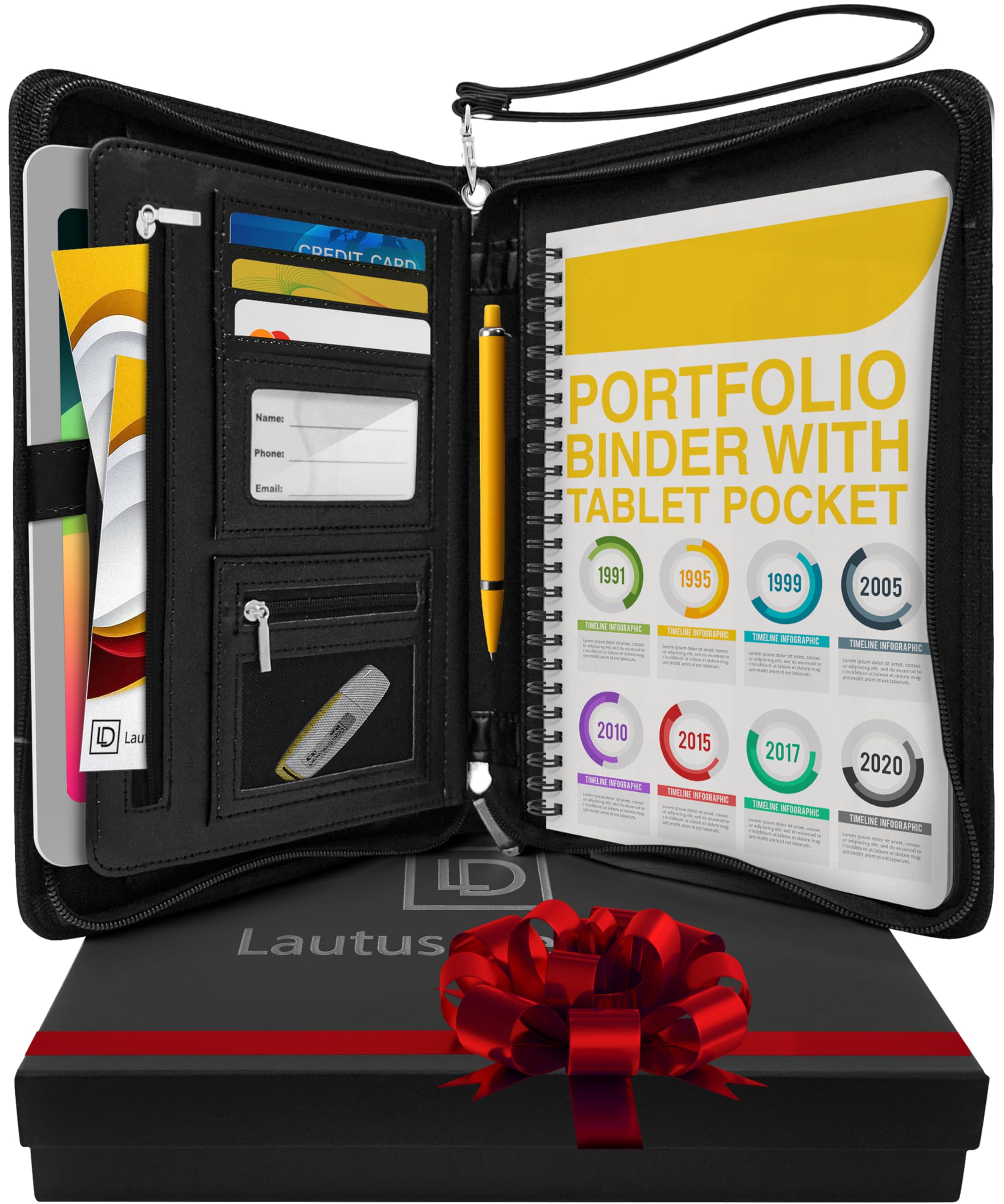 Lautus Designs Zippered Business Padfolio – Premium PU Leather Portfolio Organizer for Men or Women with Notepad & Gift Box (with iPad Sleeve, Black, Junior Legal (US) / A5 (UK, EU))