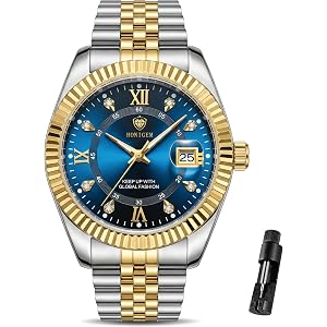 HONIGEM Watch for Men Diamond Business Dress Analog Quartz Stainless Steel Waterproof Luminous Date Two Tone Luxury Casual Wr