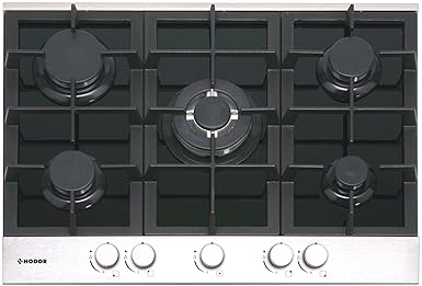 Nodor 3910 Kochfeld Gas/Einbau / 5 Heizelement / 68.4 cm/WOK-Brenner / 70 cm breites mit Alu Profil auf schwarzem Glas