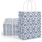 FYSUIMU 16 Pcs Blue Floral Paper Gift Bags Chinoiserie Pattern Blue White Party Favor Bags with Handle Vintage Flower Packaging Bags for Wedding Birthday Bridal or Baby Shower