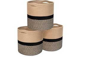 SweetMemo 3 Pack Woven Plant Baskets 11 Inches, Small Round Cotton Rope Toy Storage Bins with Handles for Organizing, Decorat