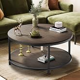 36" Round Coffee Table, 2-Tier Living Room Center Table with Storage Shelf, Rustic Wood Top &amp; Sturdy Metal Frame, Modern Coffee Table for Family, Spacious Rooms, and Home Furniture, Black Walnut
