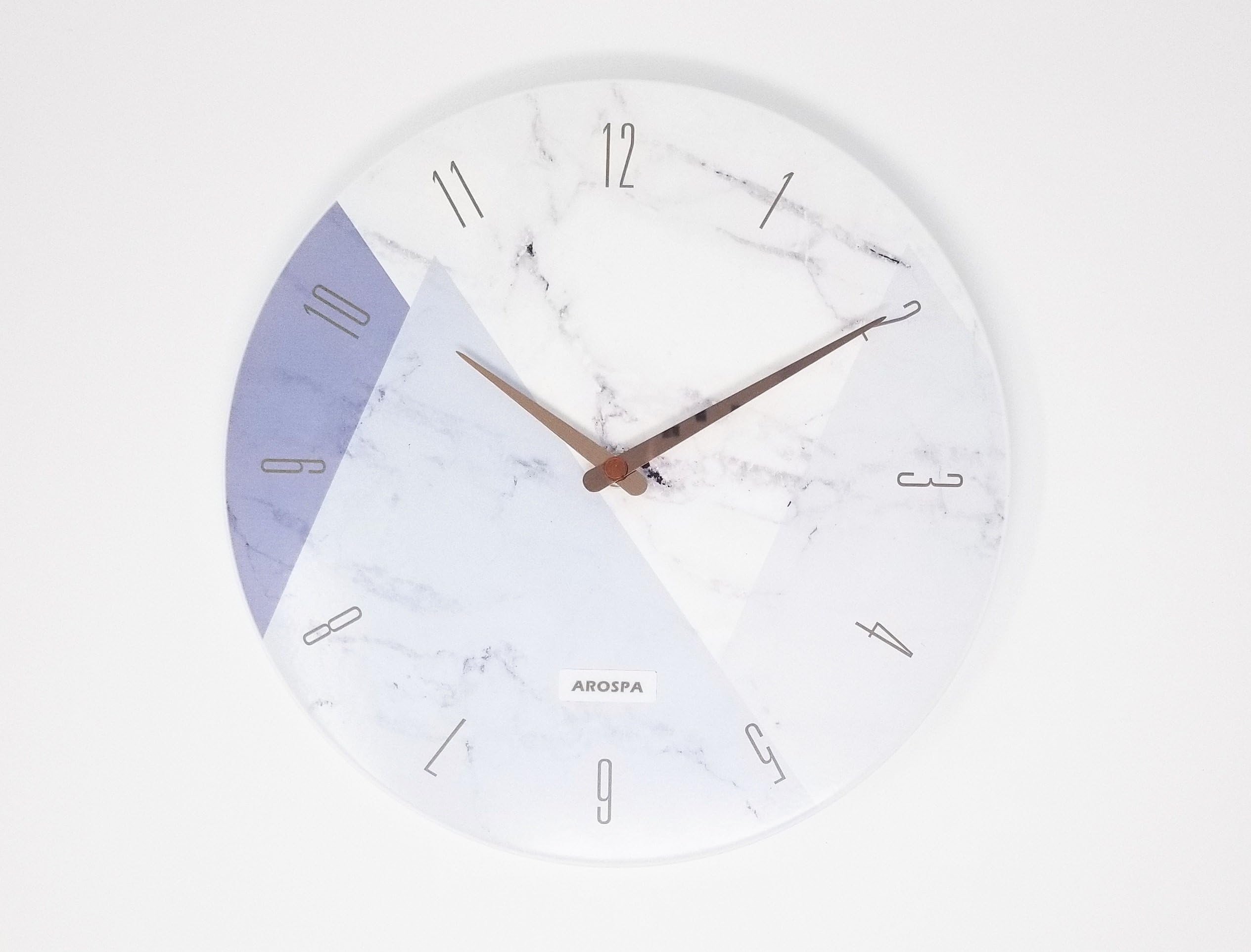 Modern Art Inspired Design Non-Ticking Silent Sweep 12” Open Face Wall Clock with Gloss White Finished Frame (White Marble with Triangles)