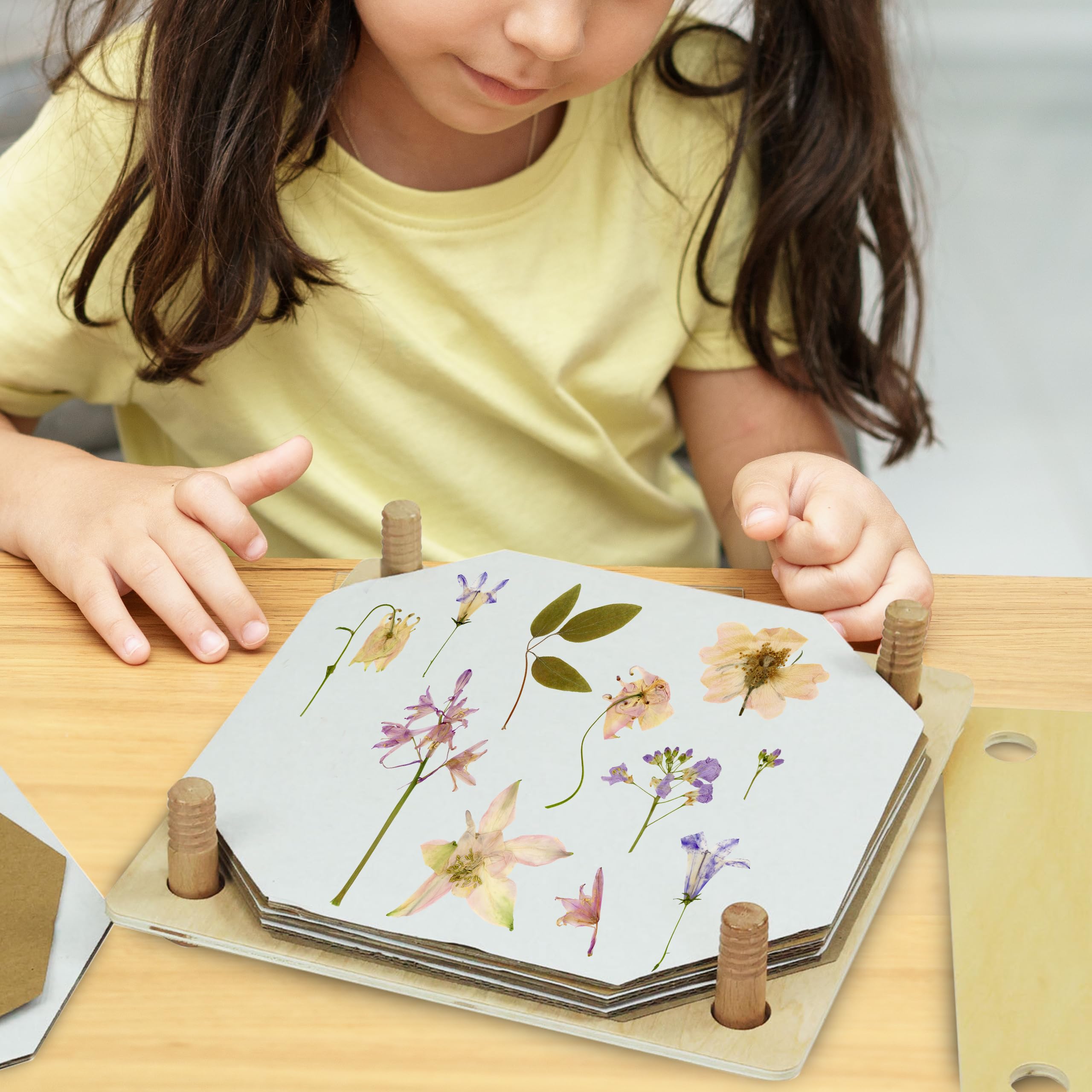 Gardening Pretend Play Set & Flower Press Kit - Kids Gardening Set with Apron, Pair of Gloves, 3 Garden Tools, Wooden Flower & Leaf Press - Safe Outdoor Tools for Kids & Teens