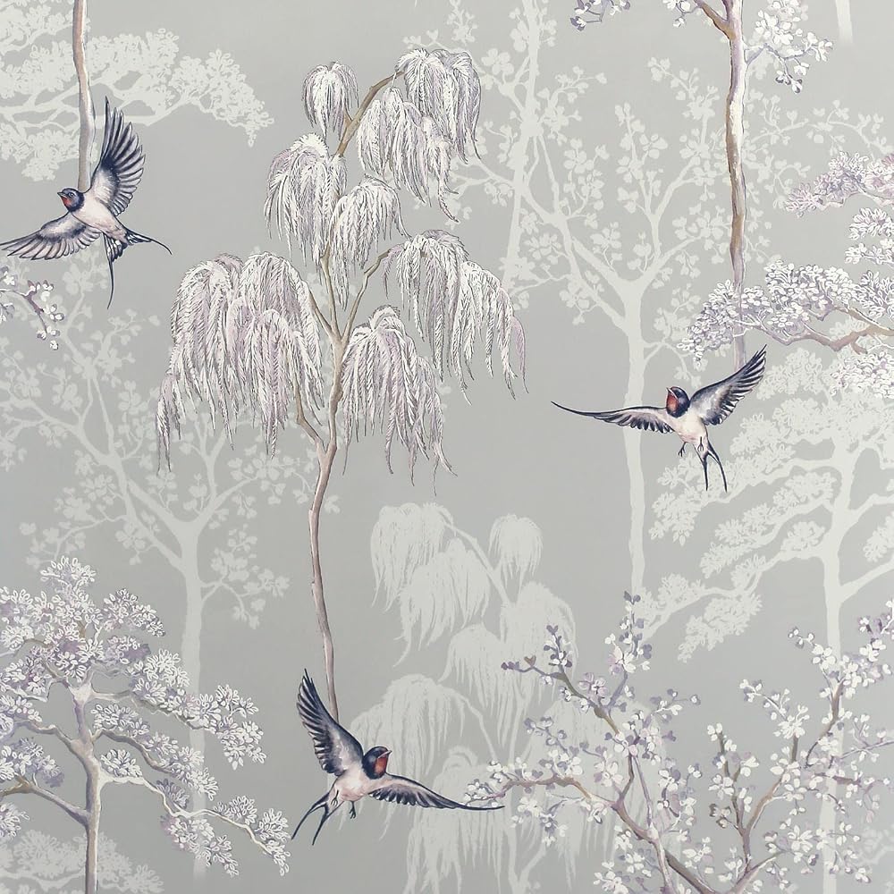 Arthouse Japanese Garden Grey Wallpaper Hand Drawn Trees Birds Pearlescent