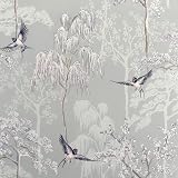 Arthouse Japanese Garden Grey Wallpaper Hand Drawn Trees Birds Pearlescent