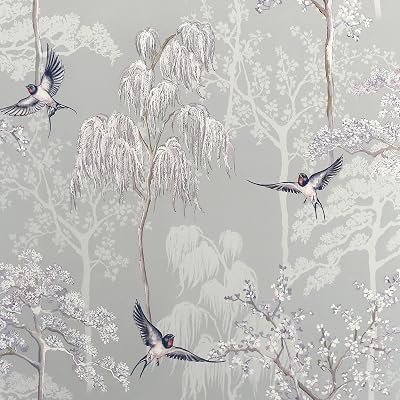 Arthouse Japanese Garden Grey Wallpaper Hand Drawn Trees Birds Pearlescent