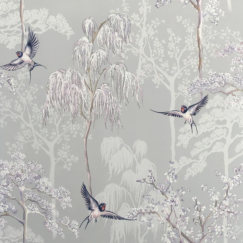Arthouse Japanese Garden Grey Wallpaper Hand Drawn Trees Birds Pearlescent