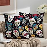 THISFIND Colorful Skull Linen Pillowcases Set - 2-Pack Decorative Halloween Throw Pillow Covers with Day of The Dead Sugar Skull Design - Soft Cushion Covers for Couch, Bed, Sofa - 18x18 inches