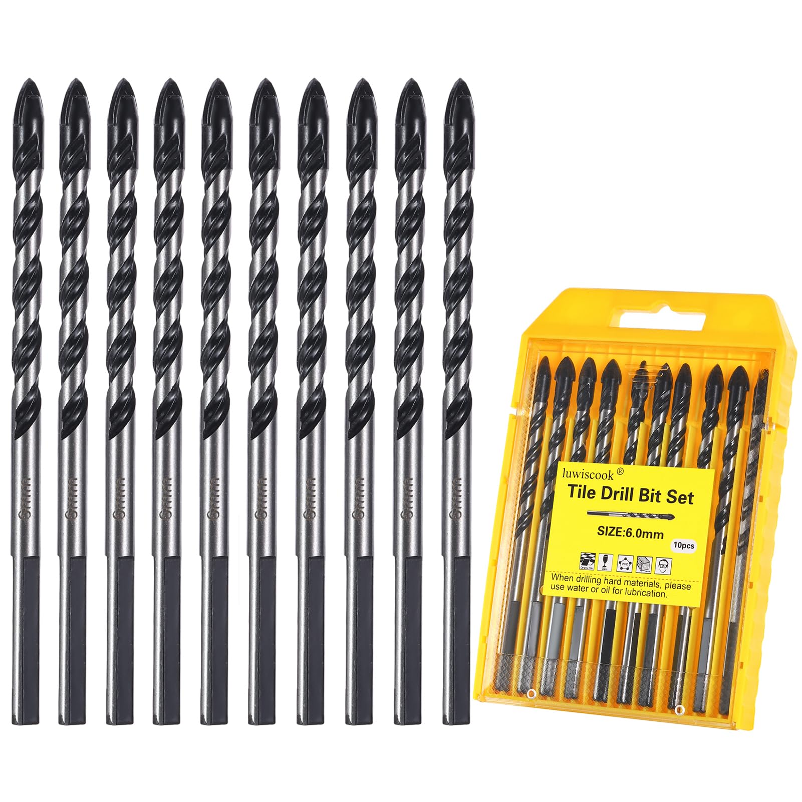 luwiscook 6mm Tile Drill Bit, 10Pcs Professional Tungsten Carbide Drill Bit, Industrial Strength Drill Bits for Porcelain, Ceramic Tile, Brick, Concrete, Marble, Cement, Glass, Plastic (6mm x 10pcs)