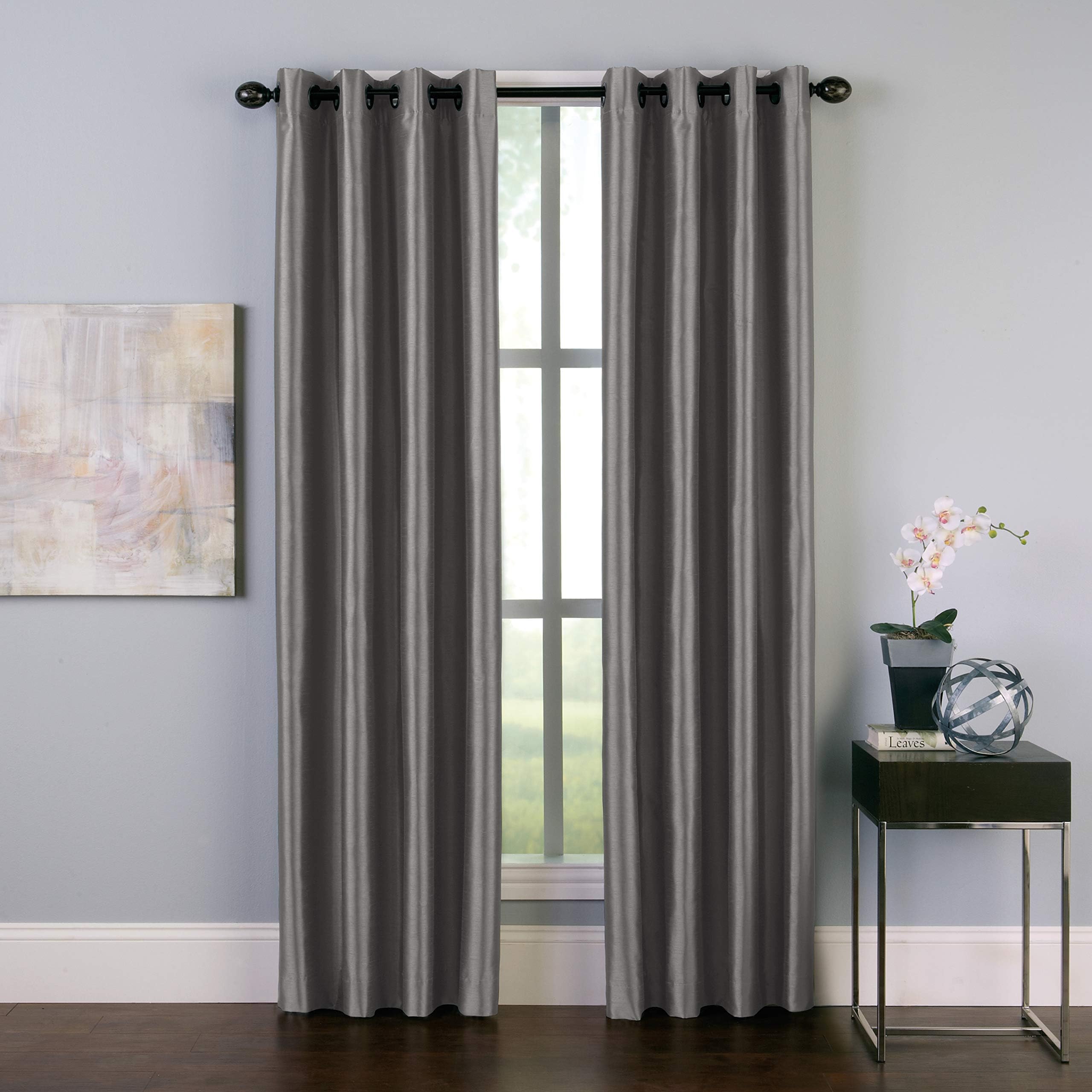 Curtainworks Malta Faux Silk Grommet Curtain Panel, 50 by 144", Pewter