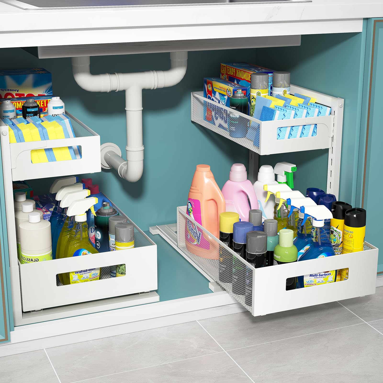 TISTAYA Under Sink Organizer, Bathroom Organizers and Storage, Cabinet Organizer Pottery Barn Furniture for Kitchen, Bathroom, Pantry, Laundry, Study, White，1XL, 2PCS Image