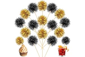 MEMOVAN Foil Firework Cupcake Toppers 100PCS Sparkle Tinsel Cake Toppers Tinsel Drink Stirrer Gold Black Cake Cupcake Decoration Cocktail Picks for Birthday Wedding Graduation Party Supplies