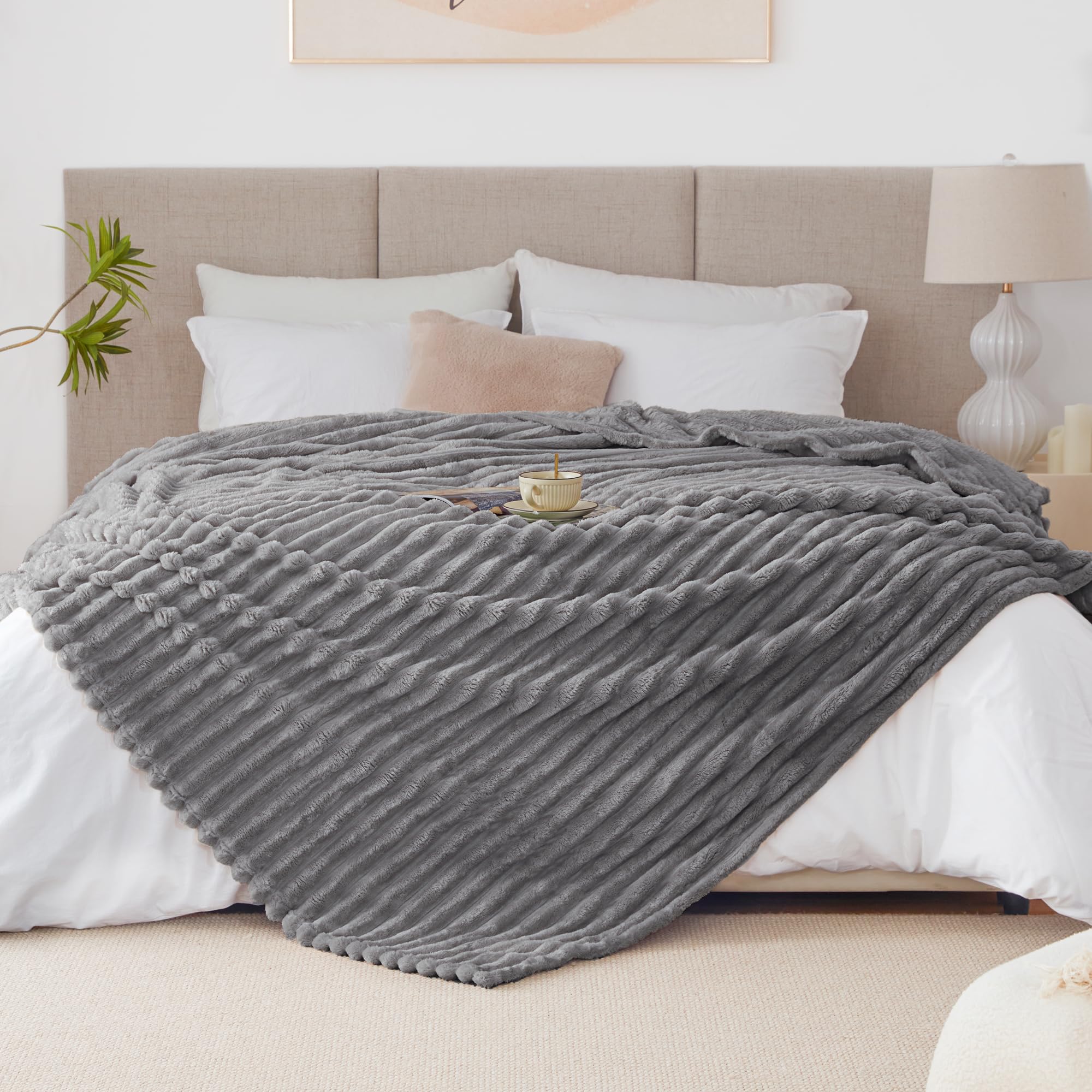 EXQ Home King Size Blanket for Bed or Couch - 3D Stripe Jacquard Decorative Fleece Blankets - Cozy Soft Lightweight Fuzzy Flannel Blanket Suitable for All Seasons(90"×108",Light Grey)
