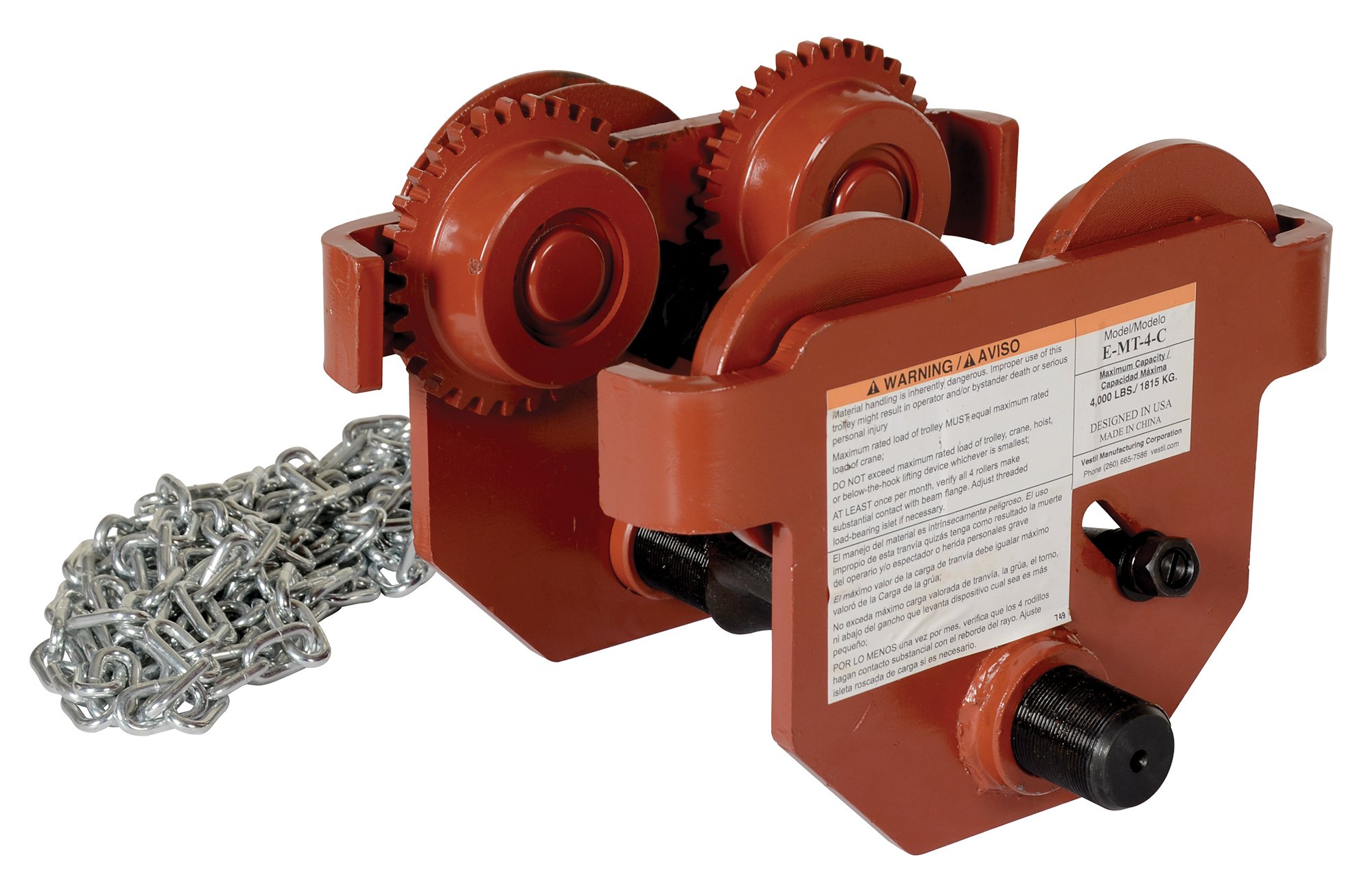 Buy Vestil EMT4C Steel Low Profile Eye Manual Chain Geared Trolley, 4,000lb. Capacity, 3 6