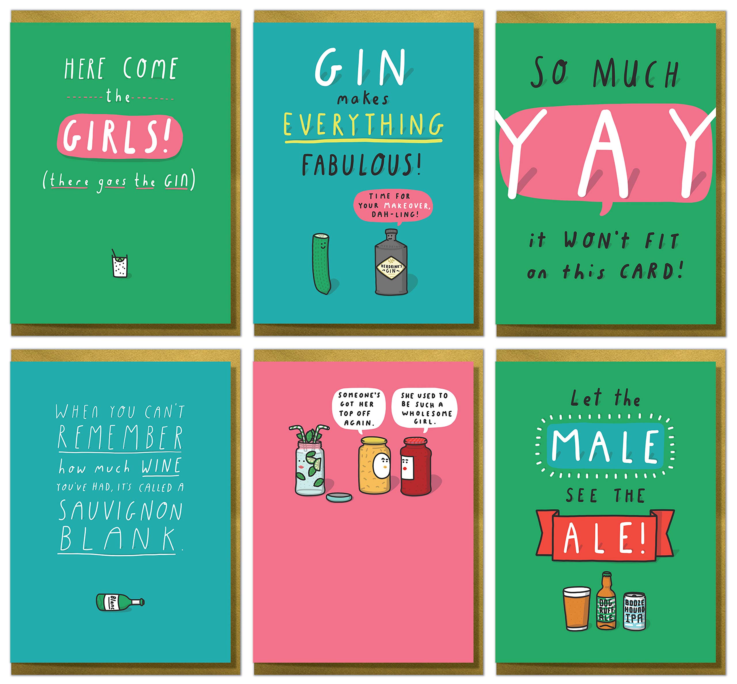 Six Funny Wine, Gin and Beer Cards. Fantastic Value 6 Card Birthday Multipack