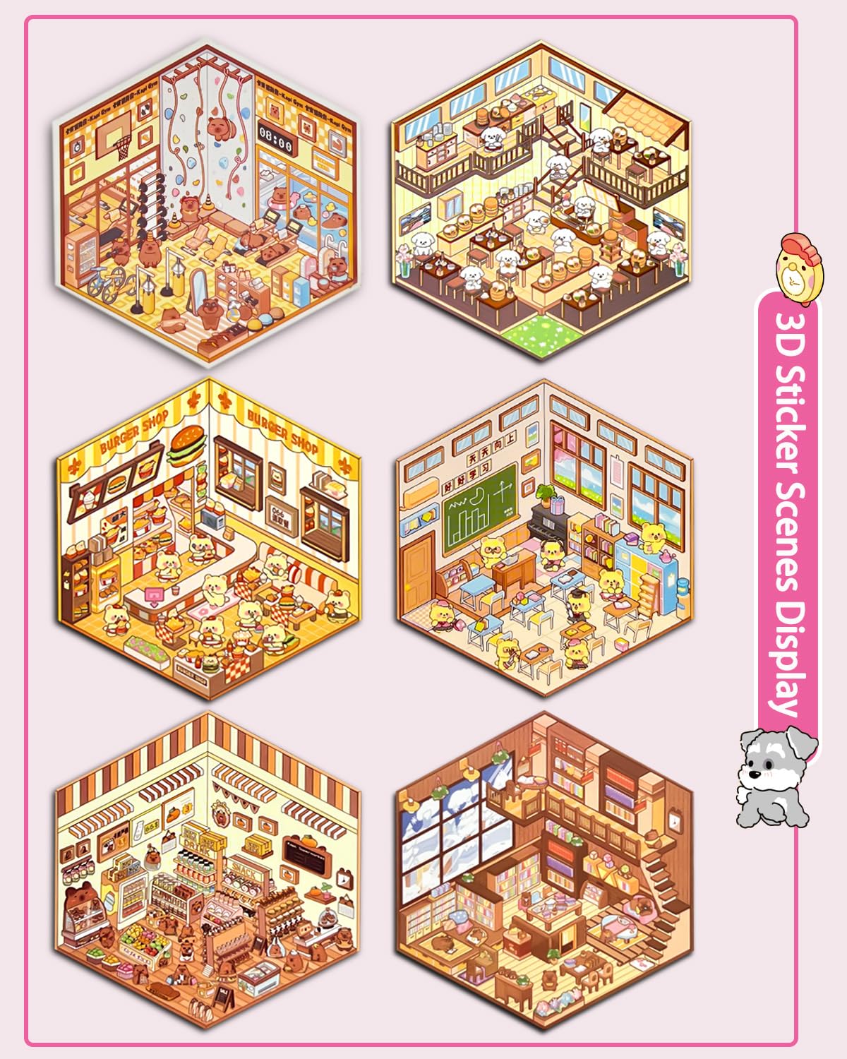 20 Sets DIY 3D Sticker Scene, Sticker Therapy Scenes Collection Book for Adults Stress Relief Pass The Time, Make Your Own House Miniature Cute Cartoon Animal Isometric Scene Funny Stickers for Kids