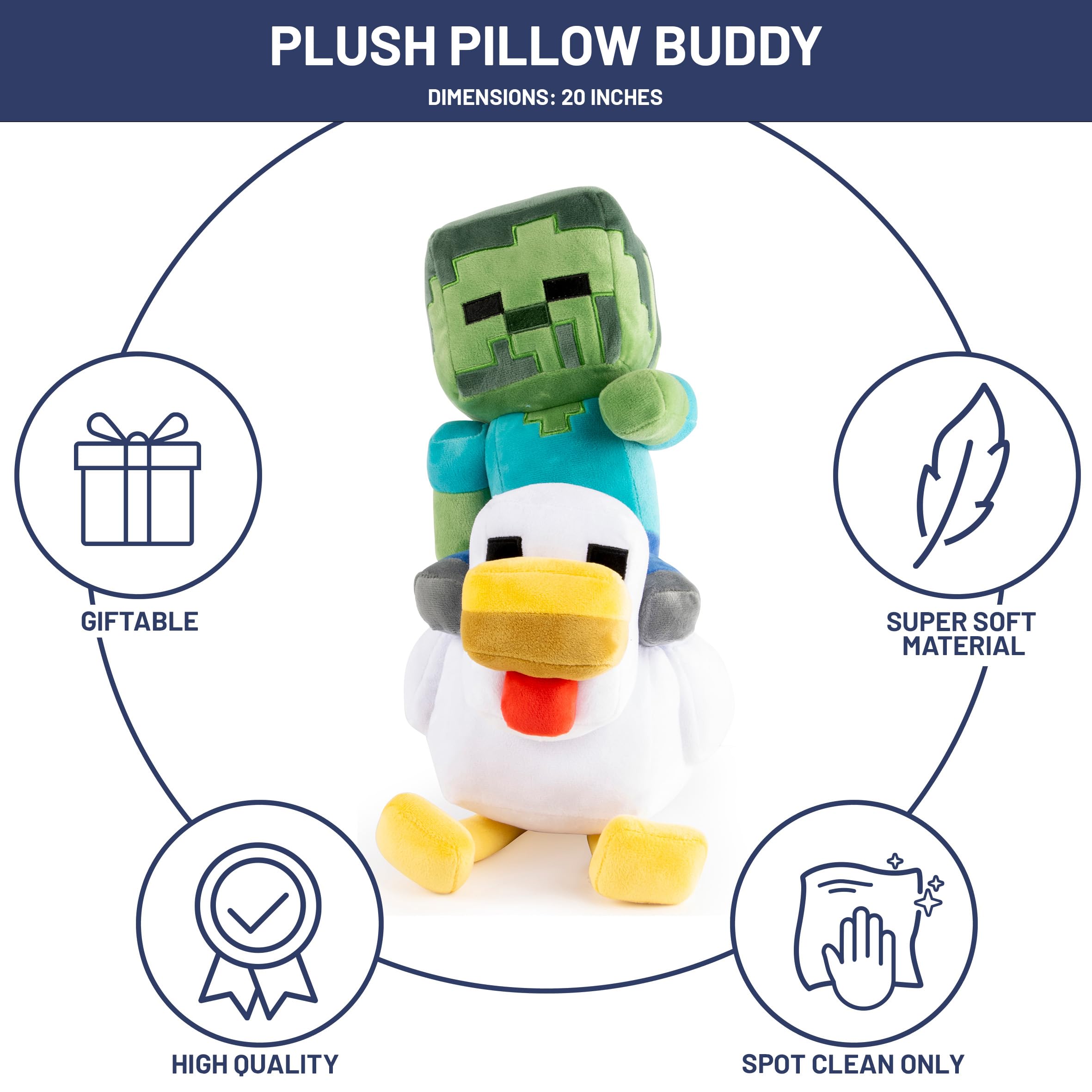 Jay Franco Minecraft Plush Pillow Buddy - Soft Plushie Stuffed Pillow, 20 Inches, Gray - Chicken Jockey