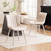 YOUNUOKE Dining Chairs Set of 2 Mid-Century Modern Kitchen Chairs Cream | Faux leather upholstered with Back, fits dining living waiting room guest reception. Waterproof easy to clean assemble, 300lb