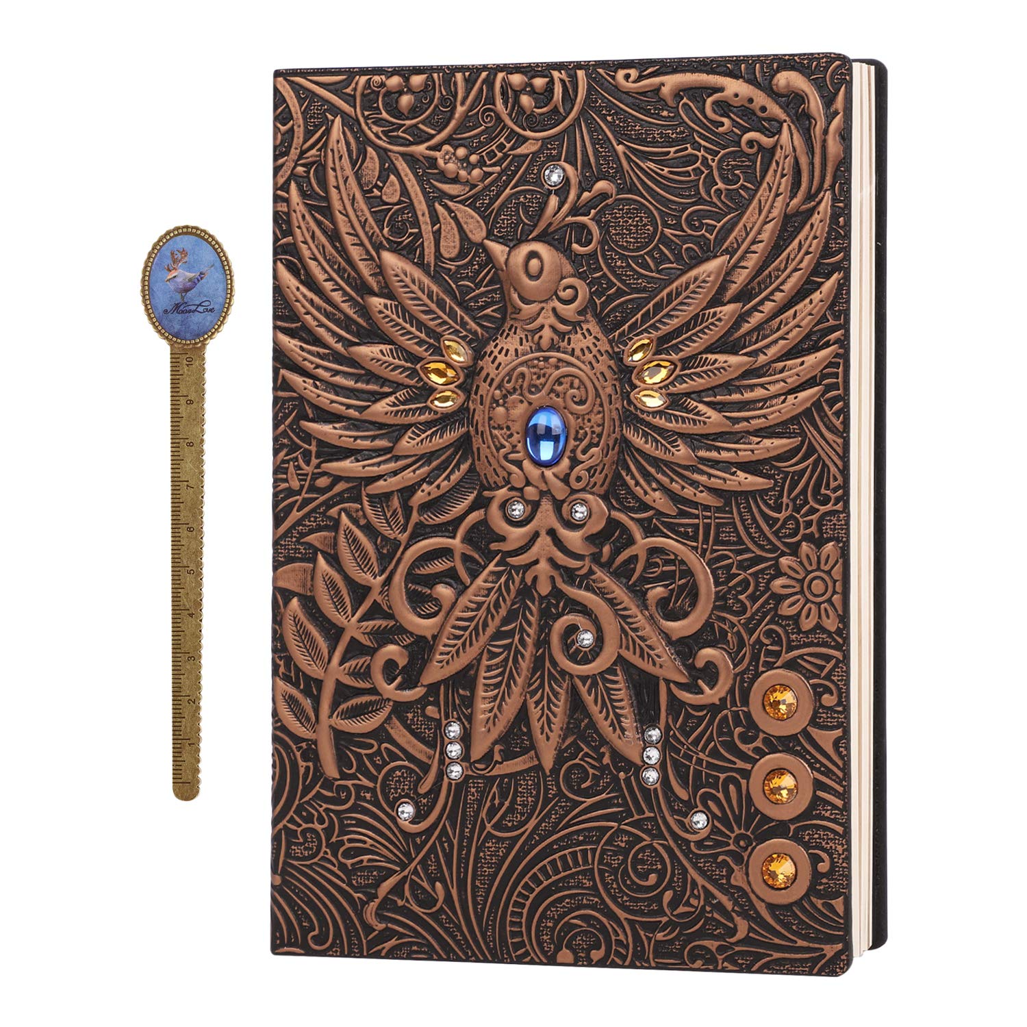 IPENNY A5 Vintage Leather Notebook 3D Embossed Cover Journal with Bookmark Diary Padded Front & Hardback Cover Copper Travel Diary Retro Privacy Notebook Anniversary Birthday Xmas Gifts for Men Women
