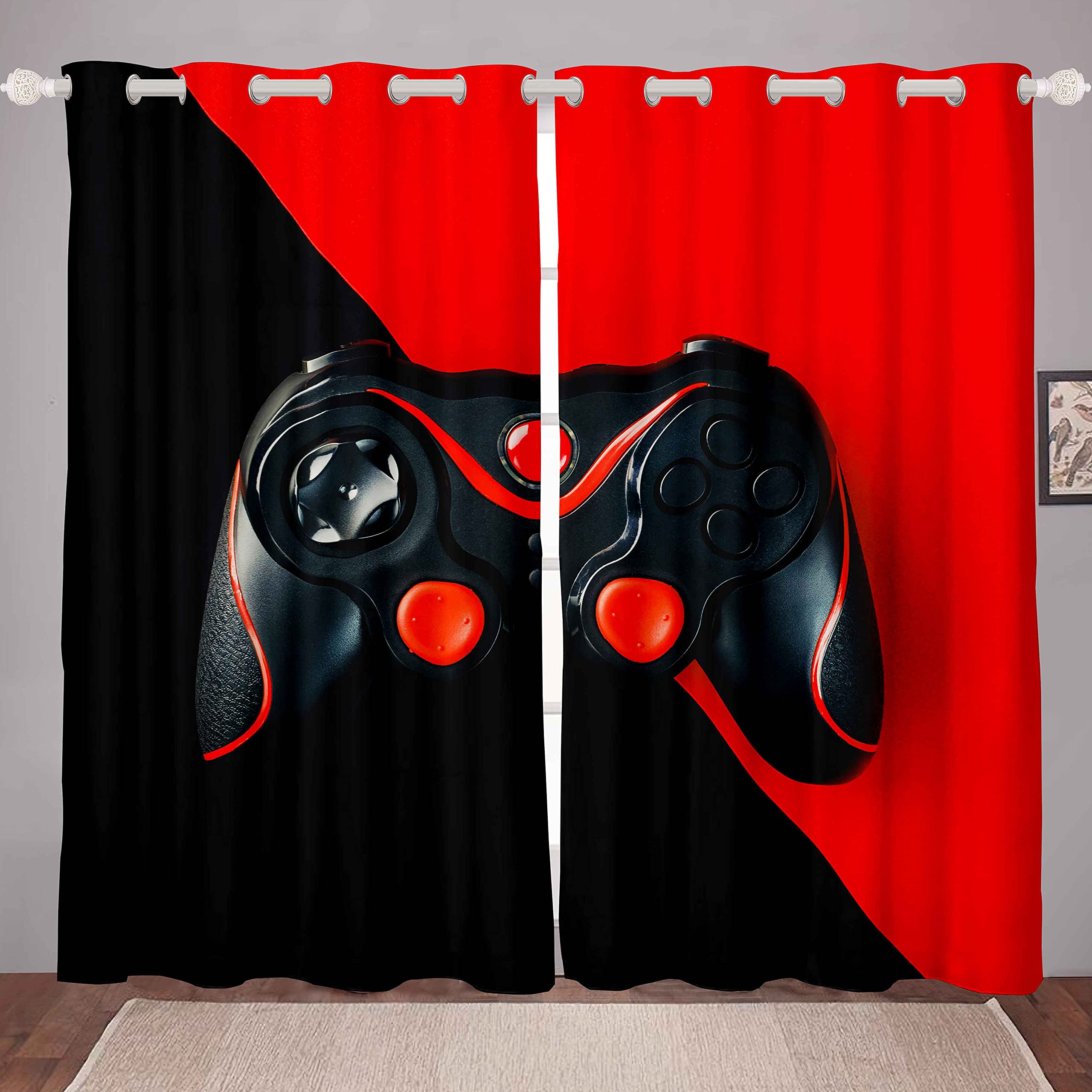 Red and Black Video Game Console Window Curtain for Kids Girls Game Controller 46"x72"