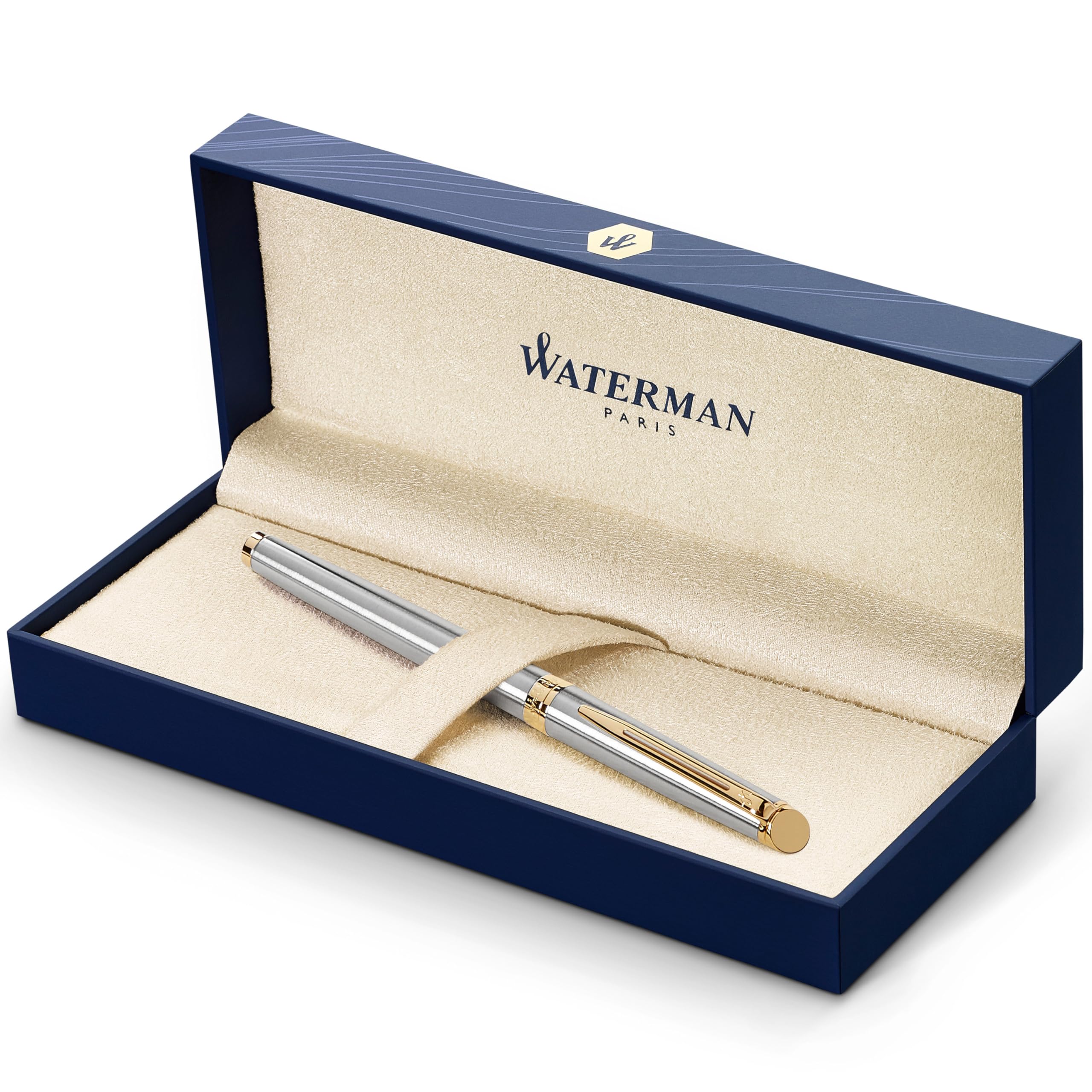 Waterman Hémisphère Fountain Pen | Stainless Steel with 23k Gold Trim | Medium Nib | Blue Ink | Gift Box — image 1