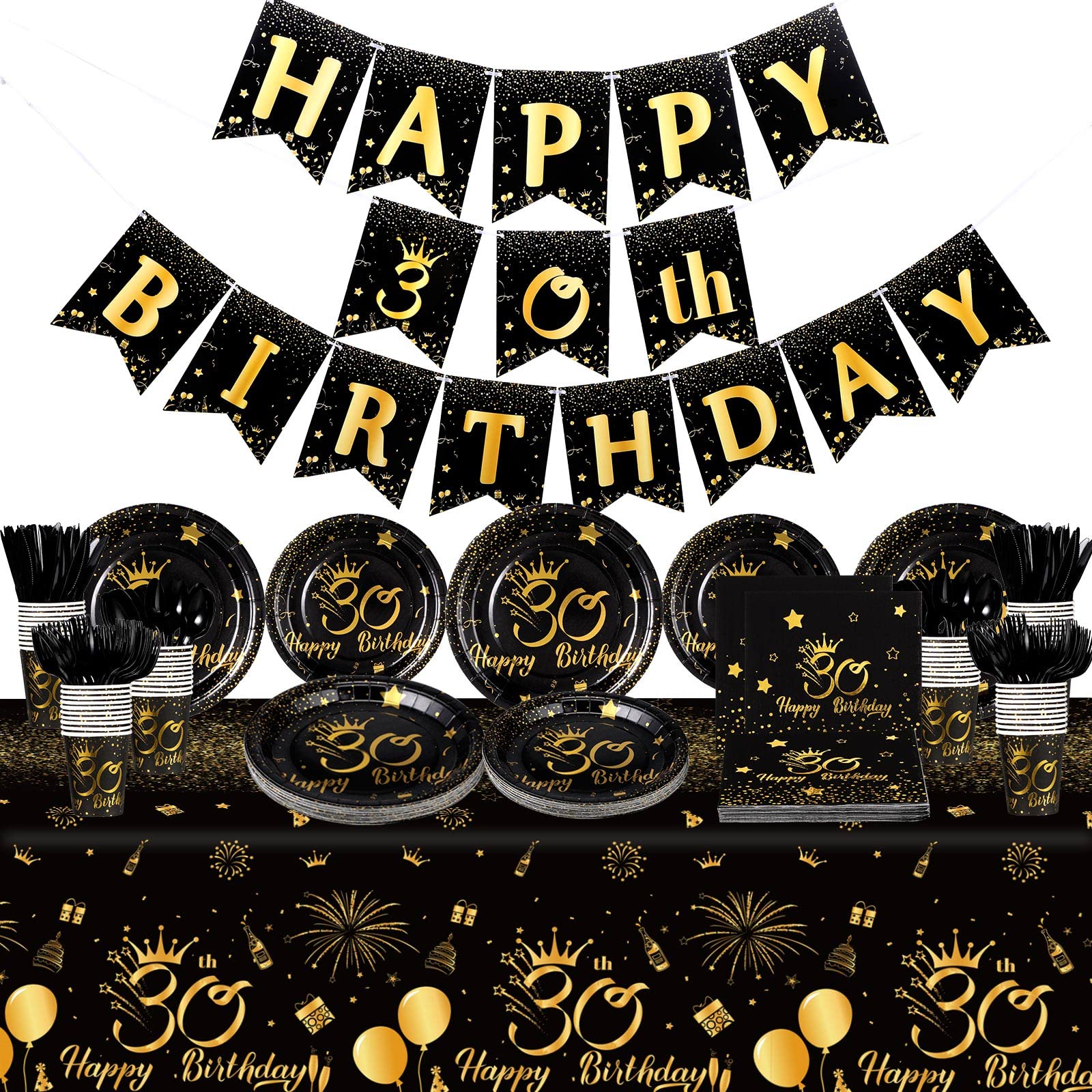 Photo 1 of TaoBary 170 Pieces 30th Birthday Party Supplies Disposable Dinnerware Set with Plates Napkins Cups Banner 30th Birthday Tablecloth Black and Gold Party Decoration for Men and Women, Serves 24