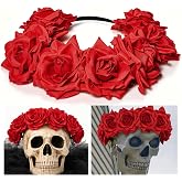 Tcevily Halloween Rose Flower Headband for 12 ft Skeleton, Day of the Dead Floral Wreath Elastic Hairband for Costume