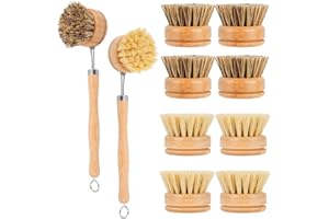 Worldity 10 Pcs Bamboo Dish Brush Set, 2 Pcs Handles & 8 Pcs Replacement Heads with Sisal & Coir, Wooden Handle Dish Washing 
