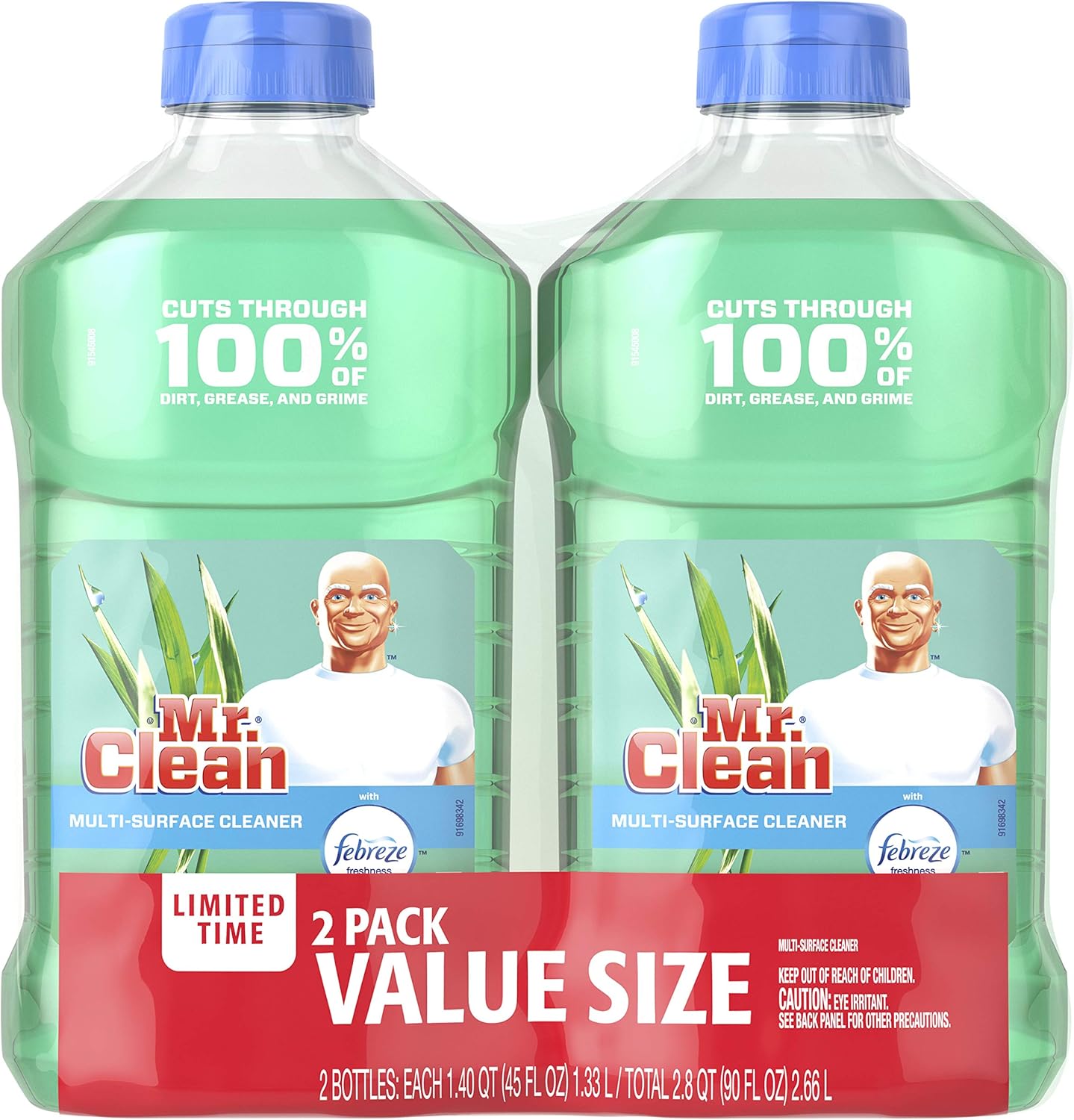 Mr. Clean Liquid All Purpose Multi-Surface Cleaner | Meadows and Rain with Febreze Freshness - 45 Ounce Each Bottle (Pack of 2) (Total 90 fl oz): Health & Personal Care