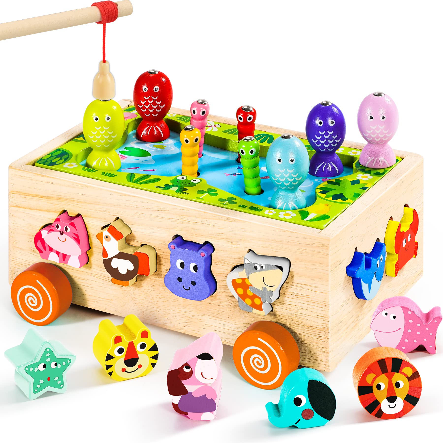 Montessori Sensory Toddler Toys, Toys for 2 3 Year Old Boys Girls, Wooden Fishing Game Car Fine Motor Skills, Birthday Gifts for 2 3 Year Olds, 6 in 1 Shape Sorter Learning Toys, Easter Gifts for kids
