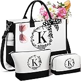 Personalized Christmas Gifts for Women, Initial Canvas Tote Bag & Makeup Bag Monogrammed Beach Tote Bags for Women w/Zipper, Birthday Gifts for Mom Her Sister Friend Girlfriend Wife Daughter Teacher