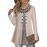 Bebonnie Womens Long Sleeve Cowl Neck Warm Splicing Tunic Tops with Buttons