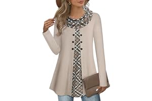 Bebonnie Womens Long Sleeve Cowl Neck Warm Splicing Tunic Tops with Buttons