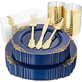 Nervure 175PCS Blue Plastic Plates - Blue Gold Plastic Dinnerware Set Disposable Include 50 Plates for Dinner and Dessert, 25Knives, 25Spoons, 25Forks, 25Cups, 25Napkins for Weddings & 4th of July