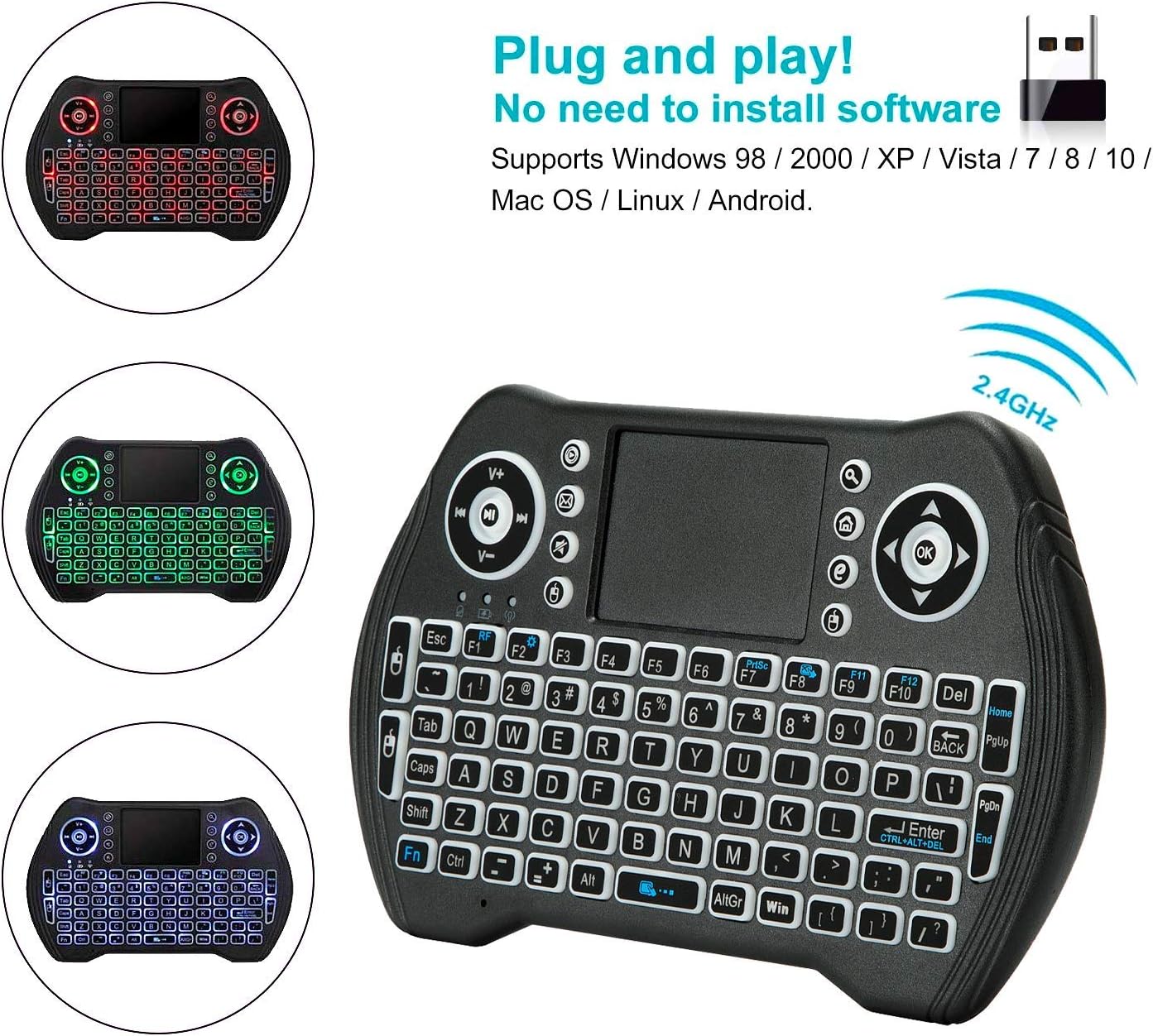 Mini Wireless Keyboard with Touchpad 2.4 GHz 8-Backlit Keyboard and Smart TV Keyboard Remote Control, HTPC, IPTV, Android TV Box, Xbox 360, PS3, PC