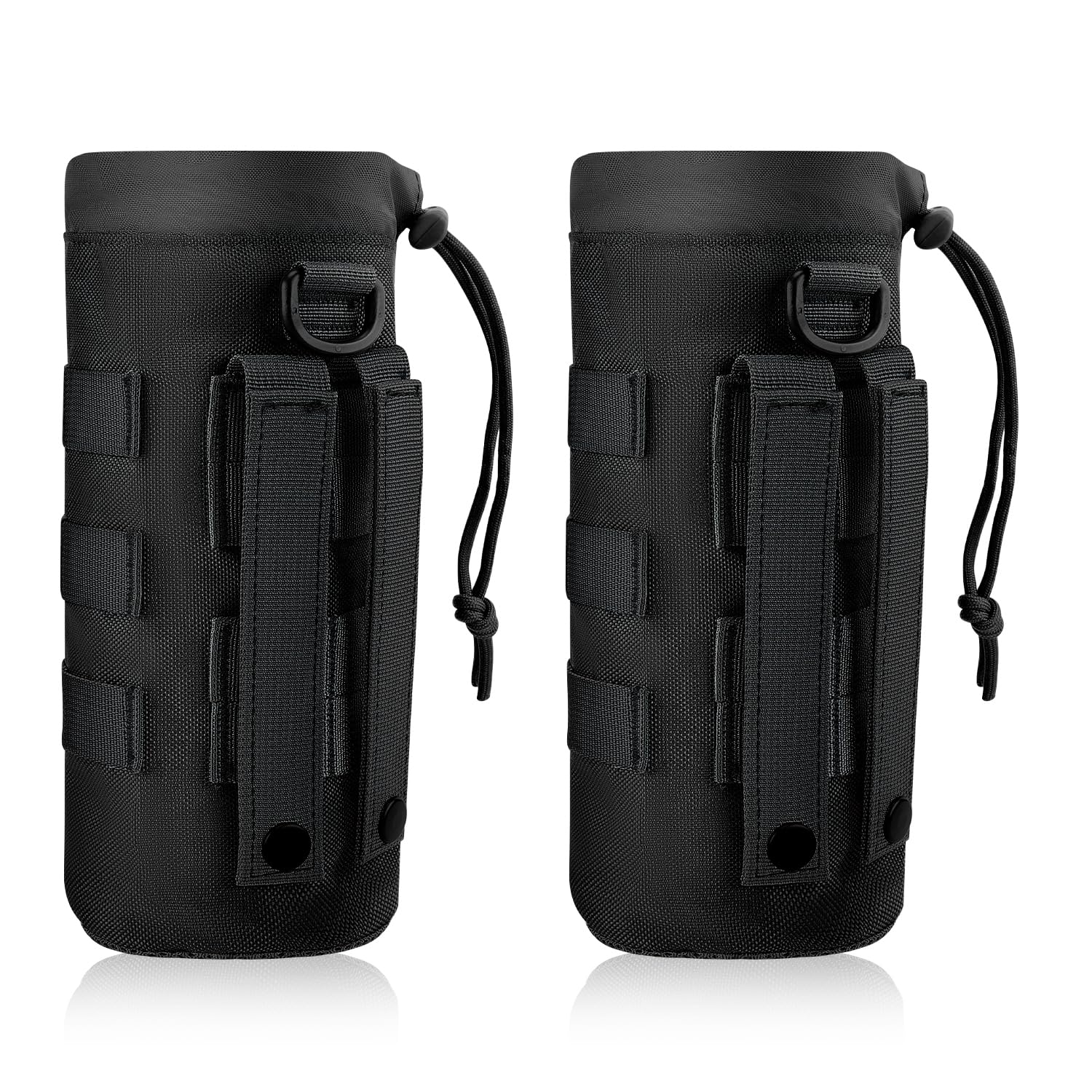 2pcs Molle Water Bottle Holder, 1000D Nylon Sports Molle Bottle Pouch Carrier Bag with Drawstring Top Mesh Bottom Practical Molle Cup Holder for Outdoor Camping (Black)