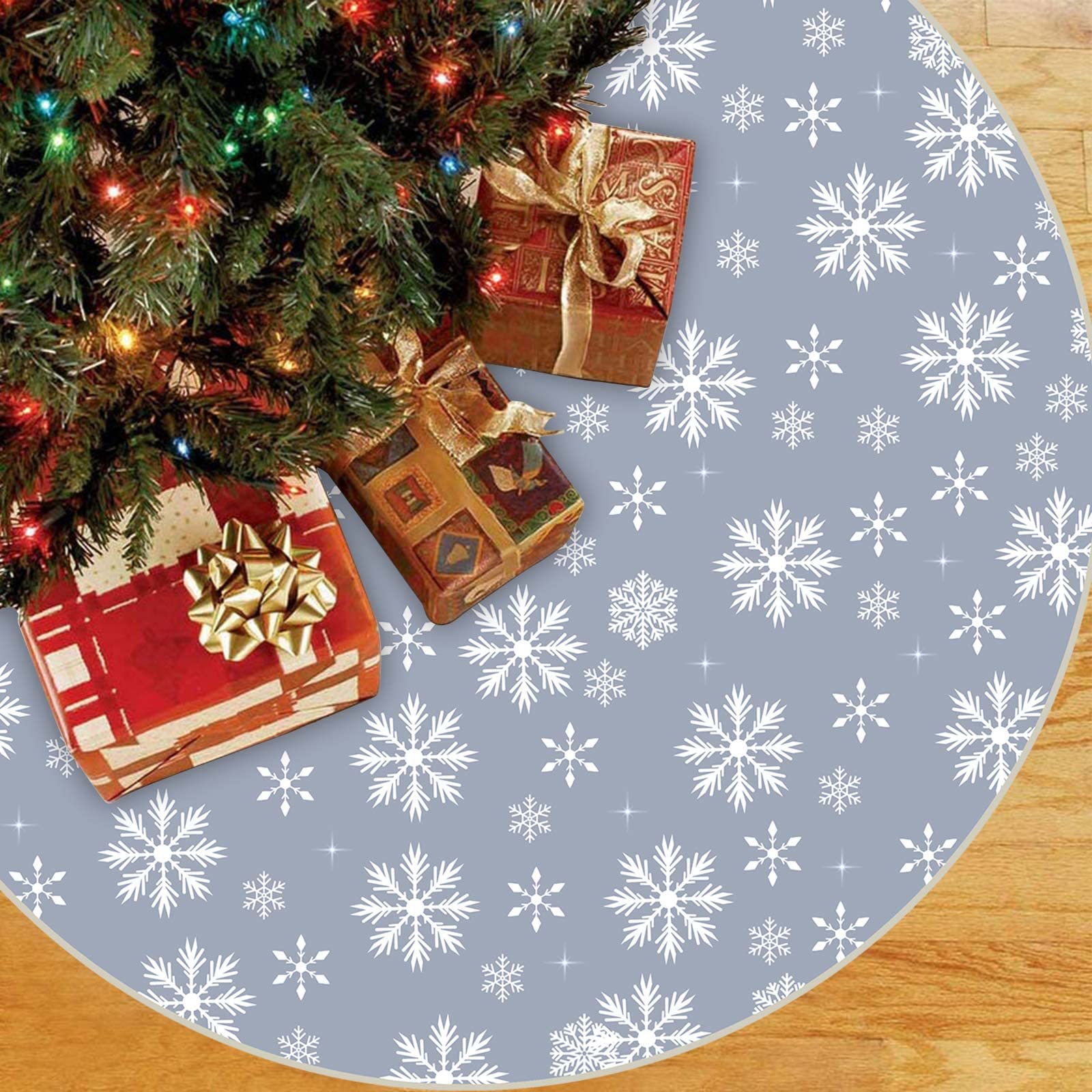 Christmas Tree Skirt, 48 Inch Large Grey Tree Skirt Cover with White Snowflakes, Polyester Gray Xmas Tree Mat for Christmas Party Winter Holiday Decor New Year Decoration Indoor Outdoor
