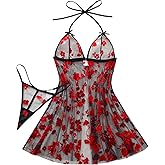 TrueVip Sexy Sheer Lingerie Sets for Women Front Closure Tie-Strap Halter V Neck Babydoll Nightwear Chemise Nightie Sleepwear