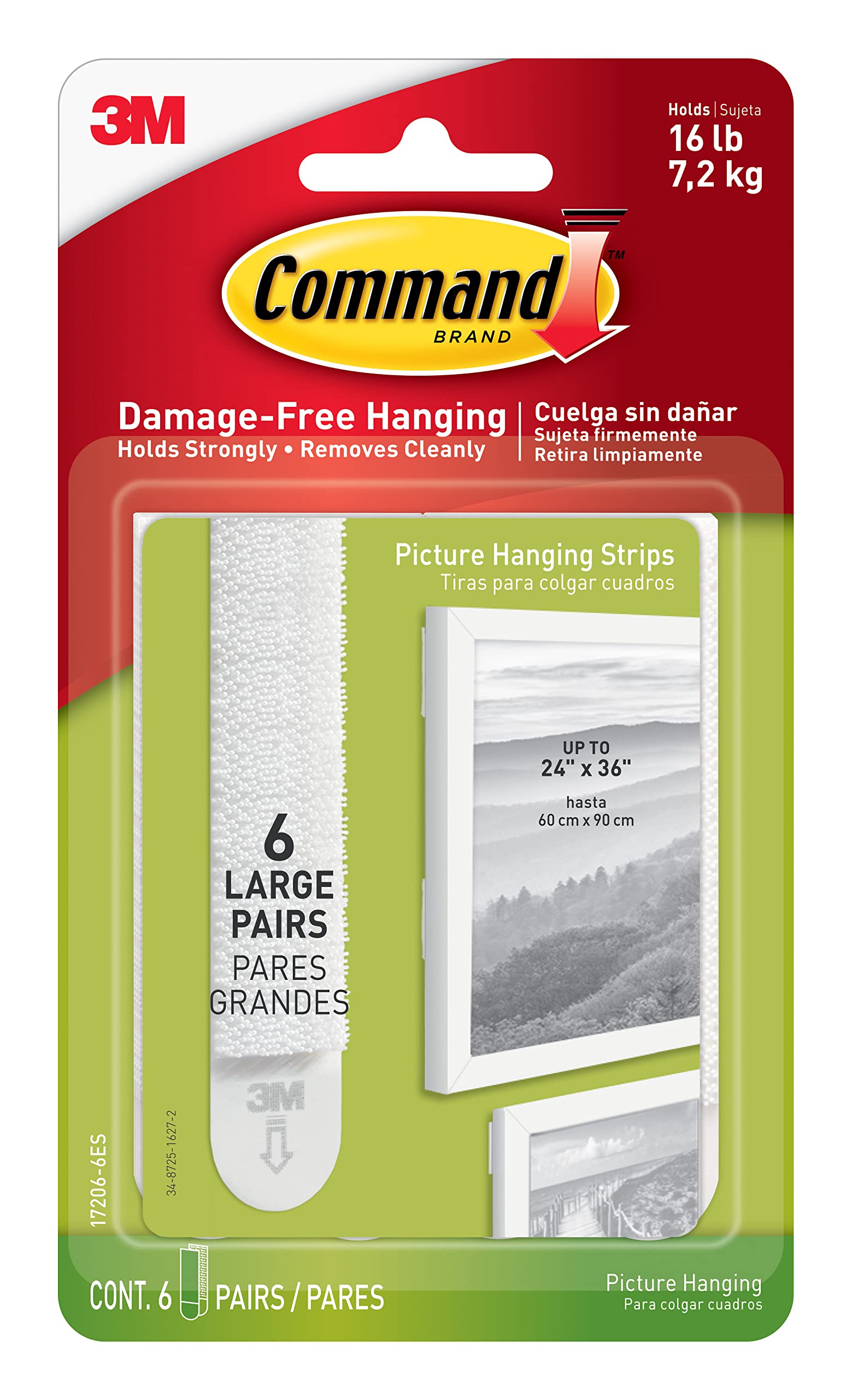 Command 17206-6ES (4PK) Picture & Frame Hanging, Large, White, 6-Strip, 4-Pack Total, 24 Pairs