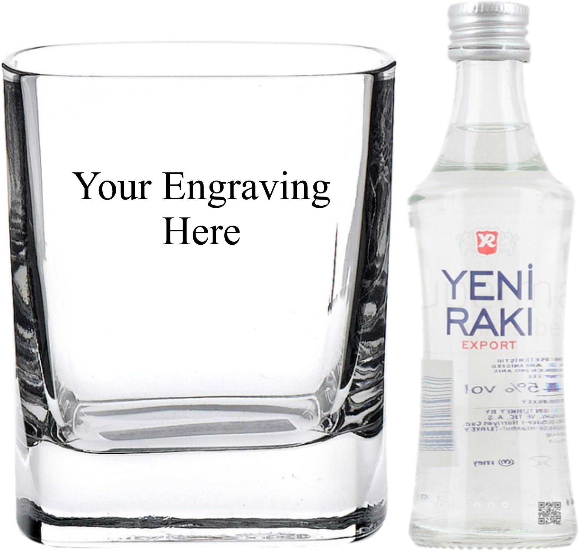 Personalised Engraved Crystal Square glass, with 50ml Miniature Yeni Raki in Silk Lined Gift box