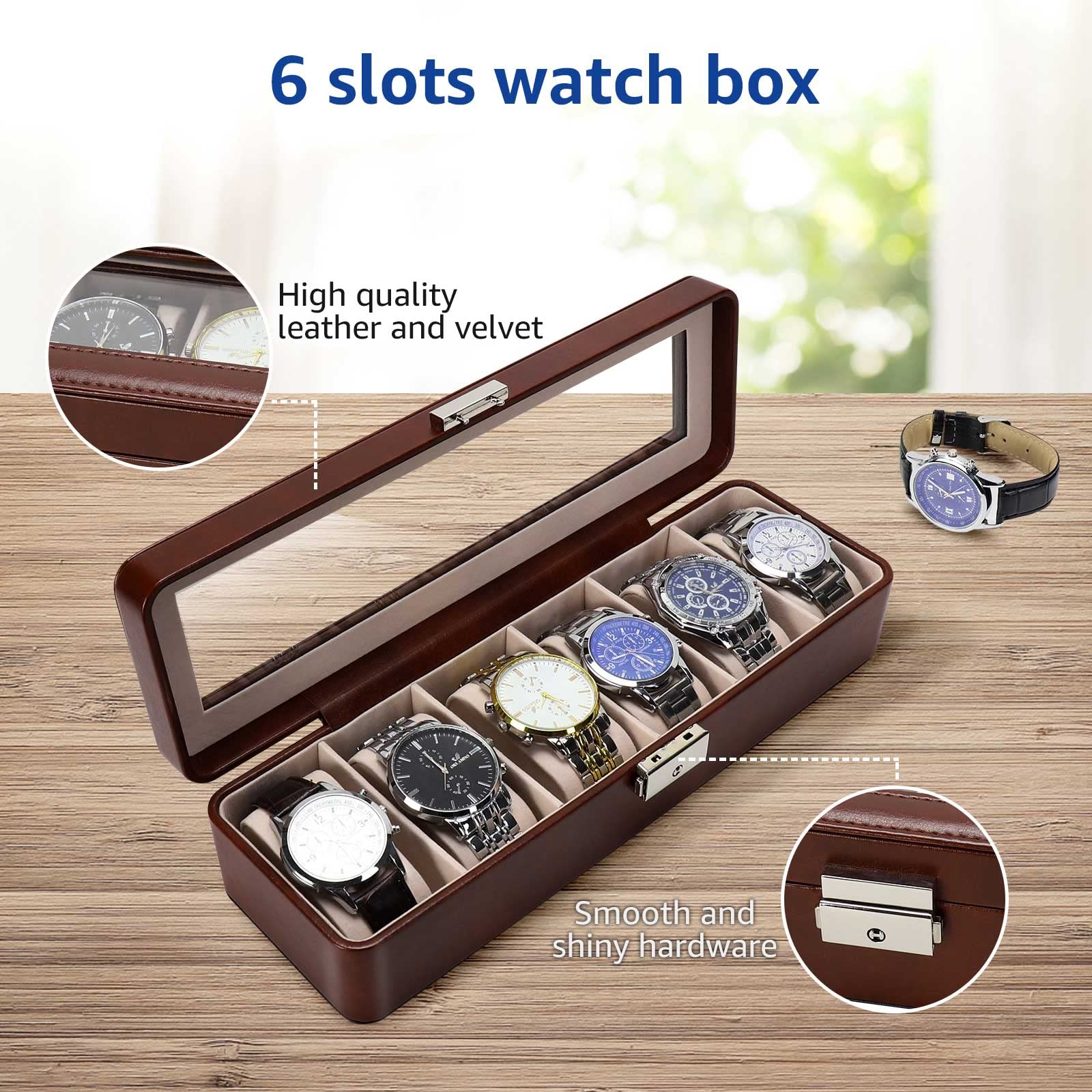 BareTulip Watch Box-Organizer for Men and Women Watch Case-Holder 6 Slot Watch Box Pu Leather Watch Display with Glass Window and Lock Brown