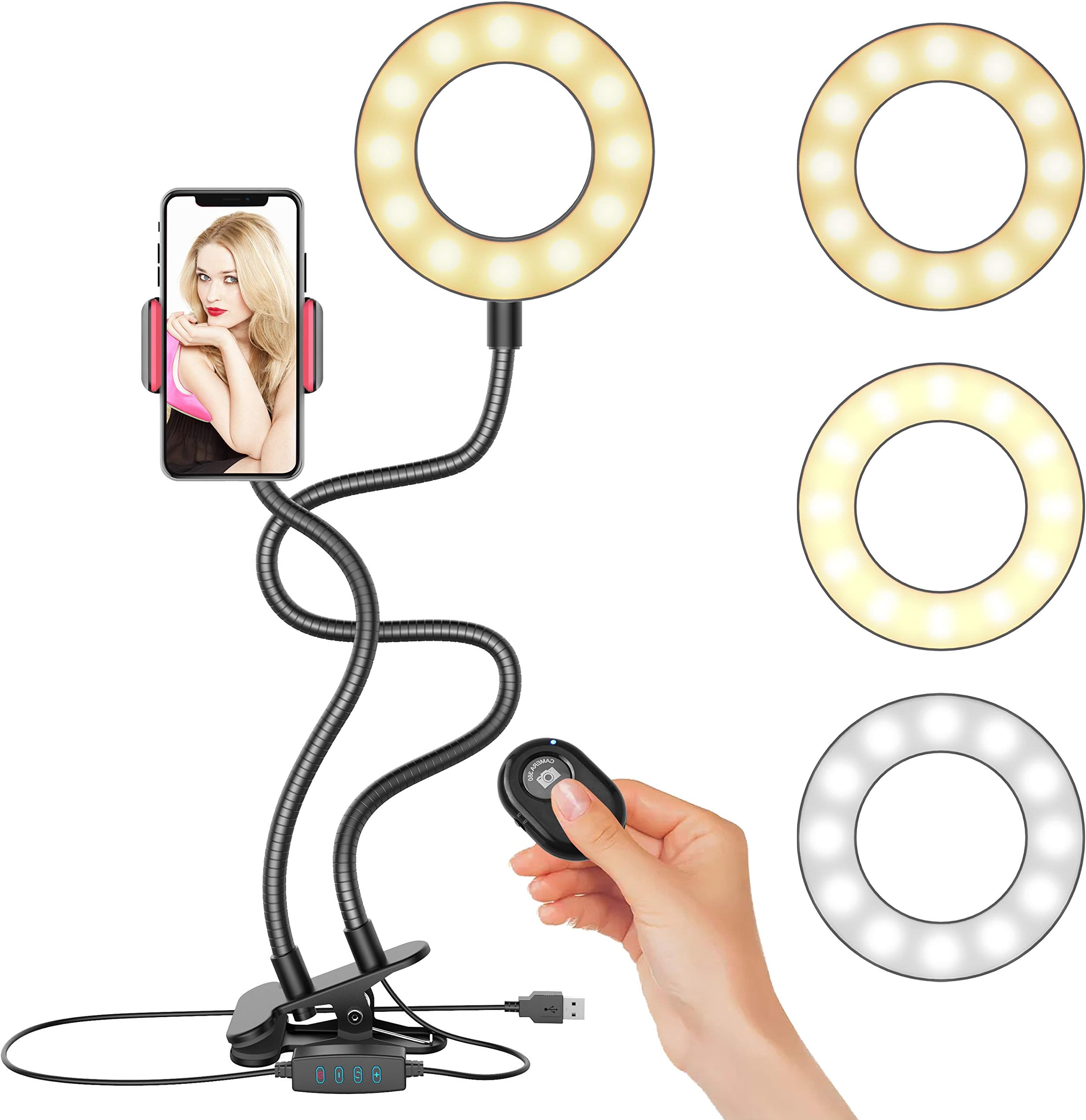 Selfie Ring Light, Upgraded Ring Light with Wireless Remote and Cell Phone Holder Stand for Live Stream/Makeup, LED Camera Light 3 Light Modes 10-Level Brightness 360° Rotating for iPhone and Android