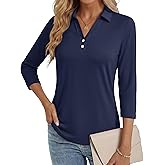 MAGCOMSEN Women's 3/4 Long Sleeve Polo Shirts Collared V Neck Golf Shirts UPF 50+ Quick Dry Casual Work Tops