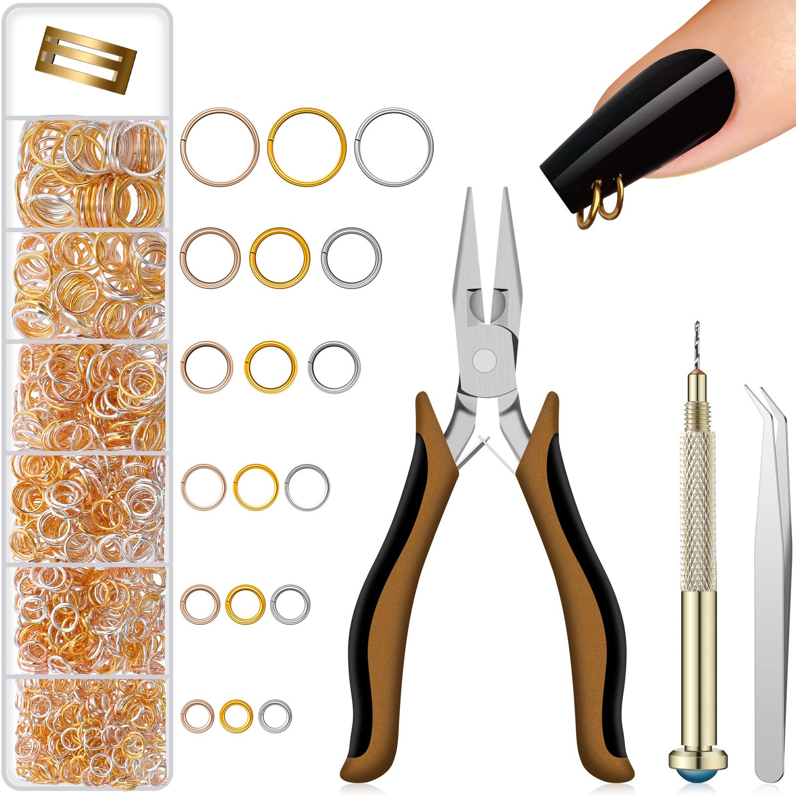 Photo 1 of 1014 Pieces Nail Dangle Charm Piercing Tool Hand Drill, Nail Charms 6 Sizes Jump Ring Connector with Jump Ring Open Close Tool Pliers and Tweezers for Jewelry Making
