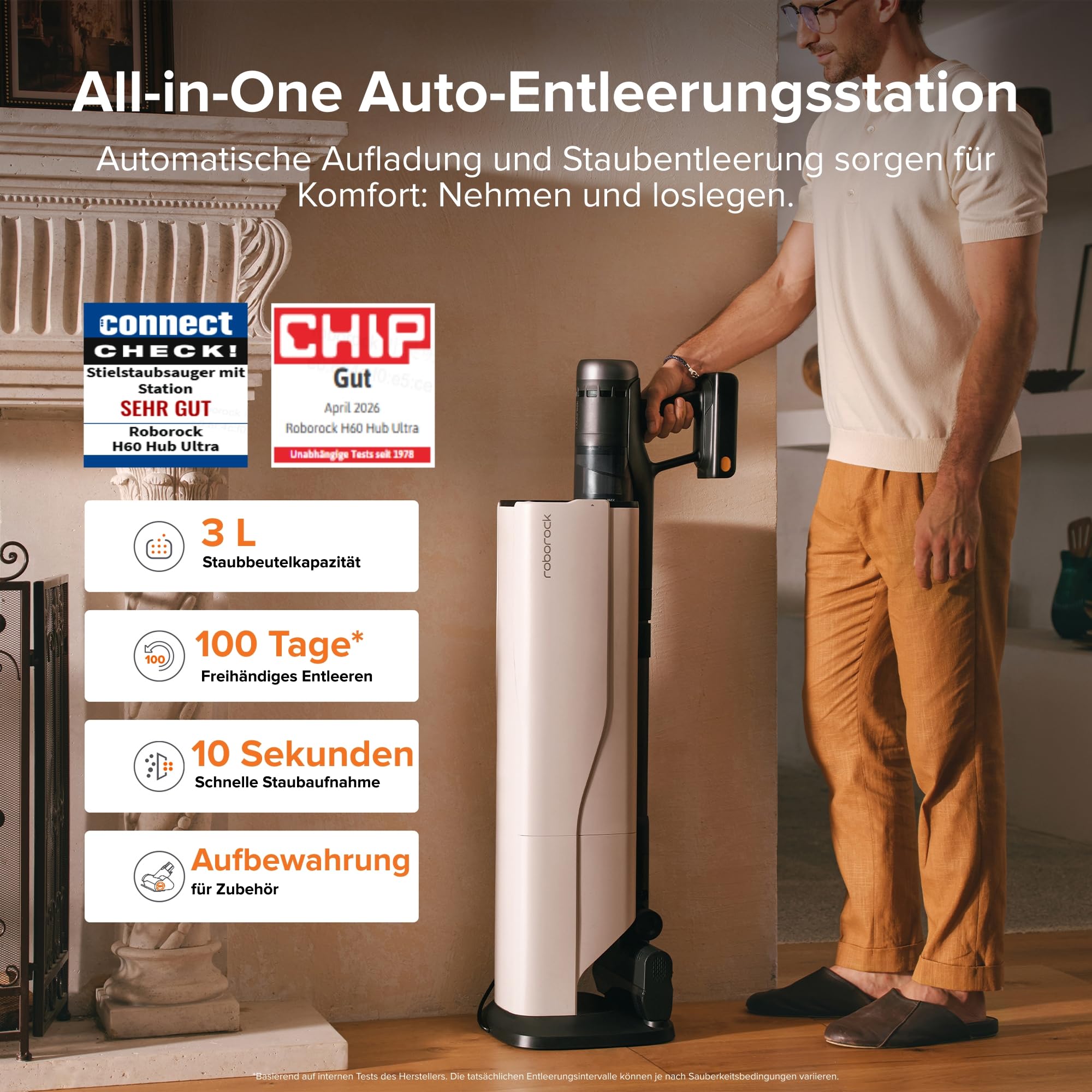 roborock H60 Hub Ultra Akku Staubsauger mit Absaugstation, 210AW kraftvolle Saugleistung, 90 Min. maximale Laufzeit, Staubsauger kabellos, Anti-Tangle Bürste für Teppiche, Hartböden, Tierhaare, Auto 2
