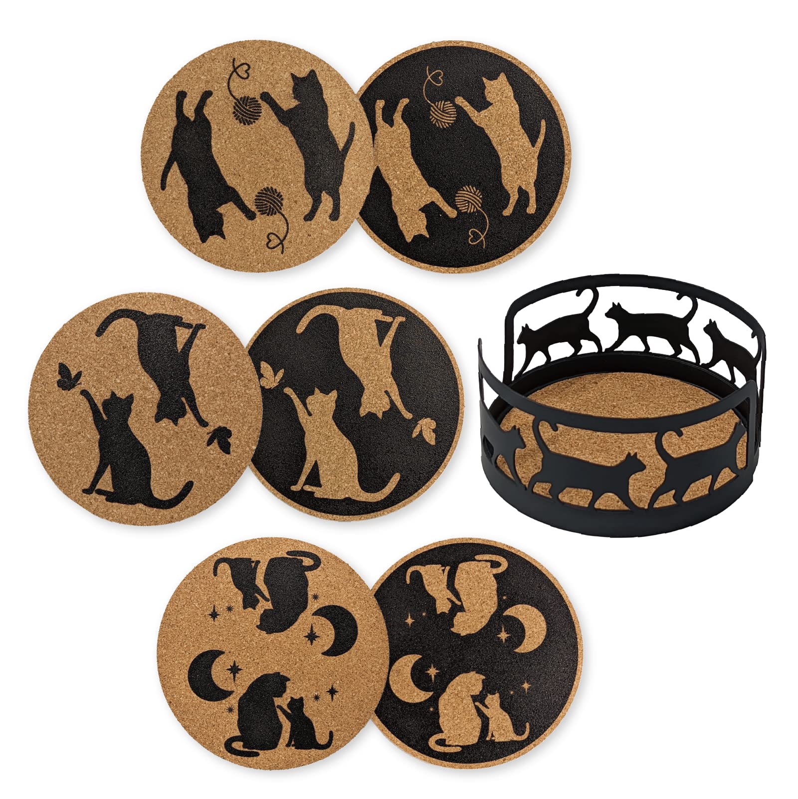 Mango Steam Set of Six Cat Decorative Coasters For Drinks & Mugs With Metal Holder, Black