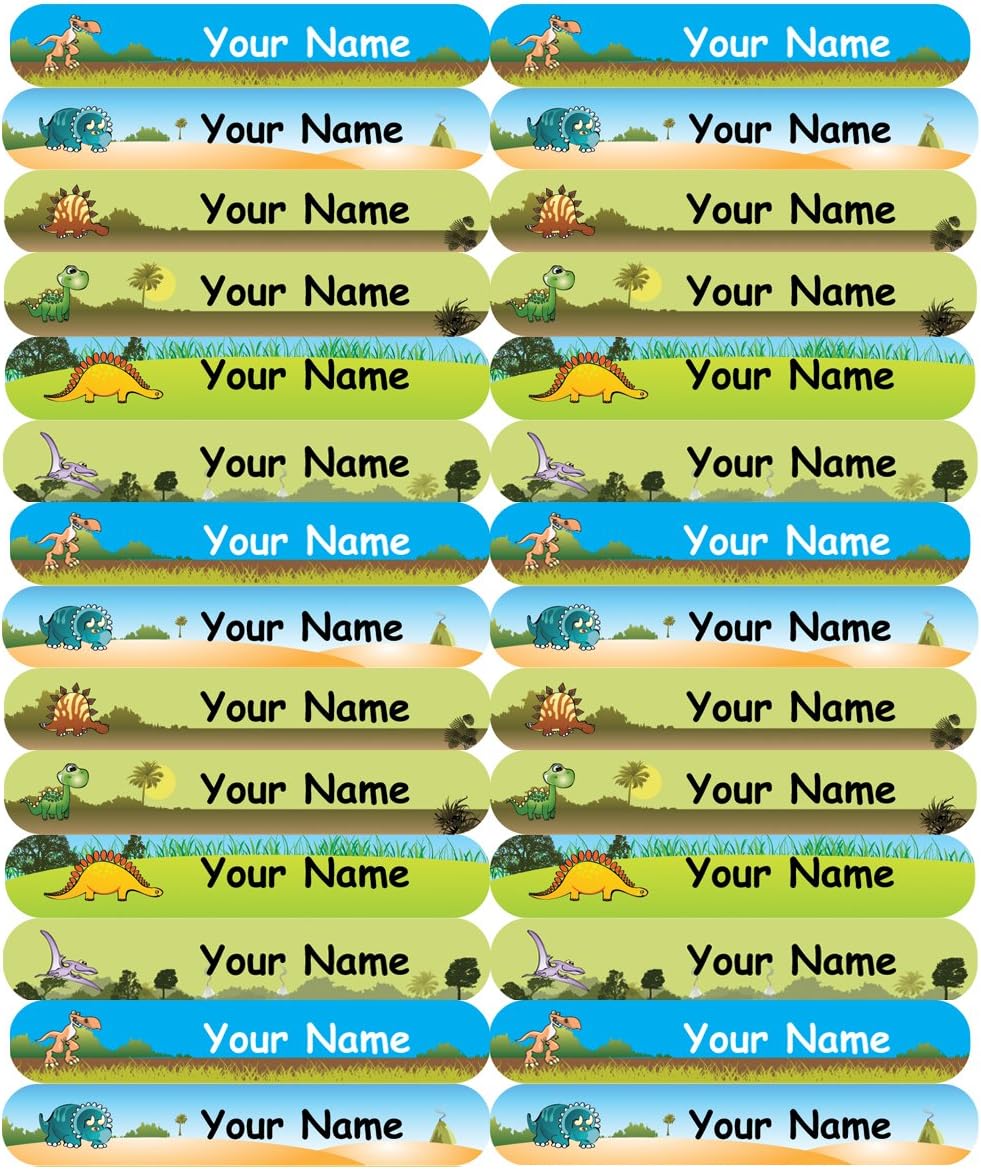 96 Personalised, Waterproof Skinny Sticky Name Labels for kids (50x7mm) - Dinosaur Design