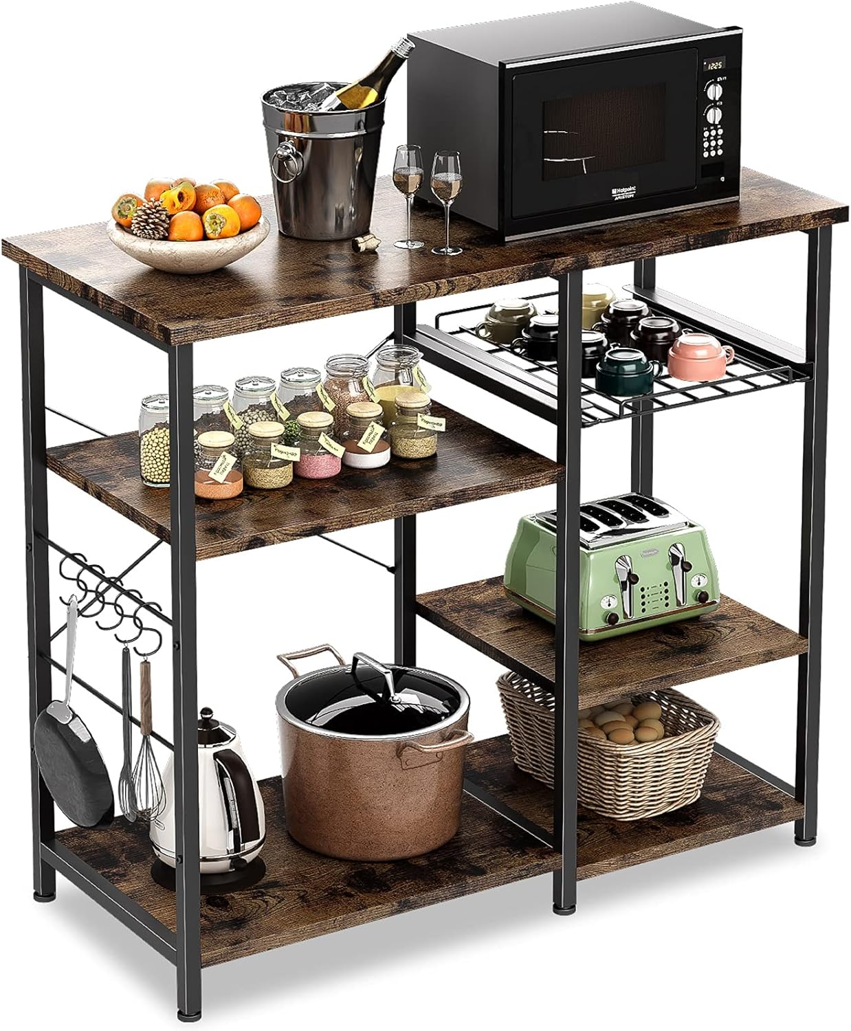 ODK Kitchen Bakers Rack, Utility Storage Shelf Microwave Oven Stand, 3-Tier+3-Tier Coffee Bar Table with 10 S-Shape Hooks for Spice Rack Organizer Workstation, Rustic Brown - Standing Baker's Racks